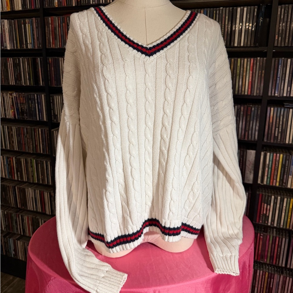 Preppy Classic Alt Hollister White V-Neck Sweater with Red and Black Trim